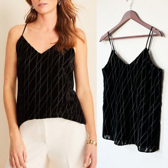 Ann Taylor Black Diamond Argyle Pattern Velvet Drapey Cami Top Small S $80 Lined - Picture 14 of 14